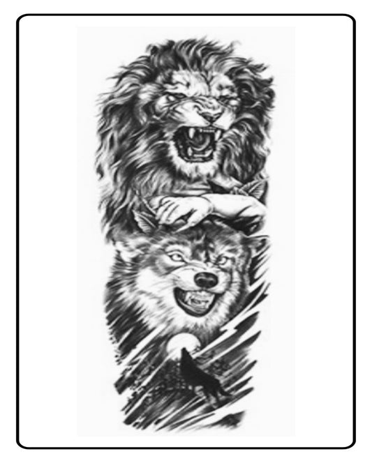 Fierce Lion & Wolf Full Sleeve Semi Permanent Tattoo